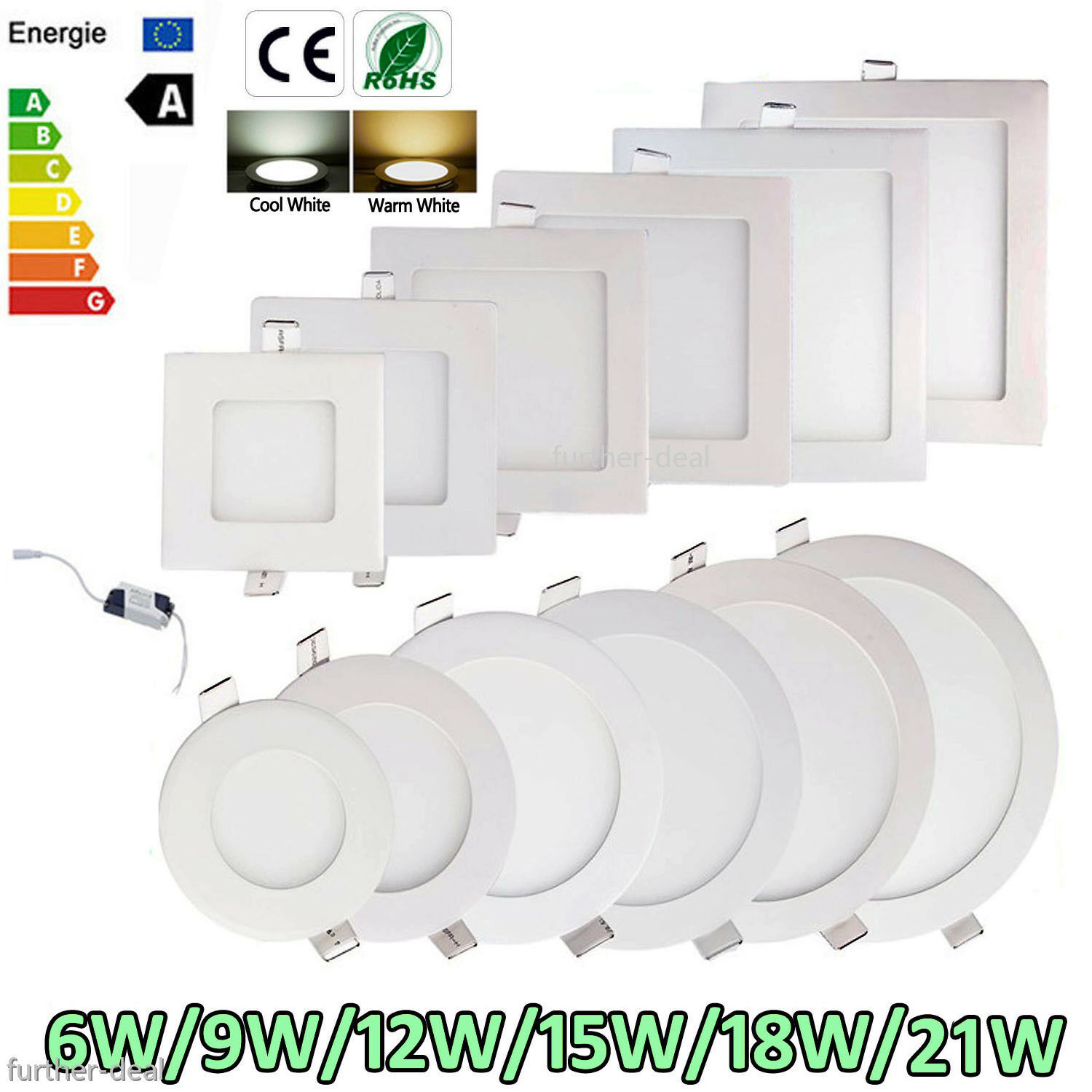 Dimmable Epistar Recessed Led Panel Light 9w 12w 15w 18w 21w Ceiling Down Lights