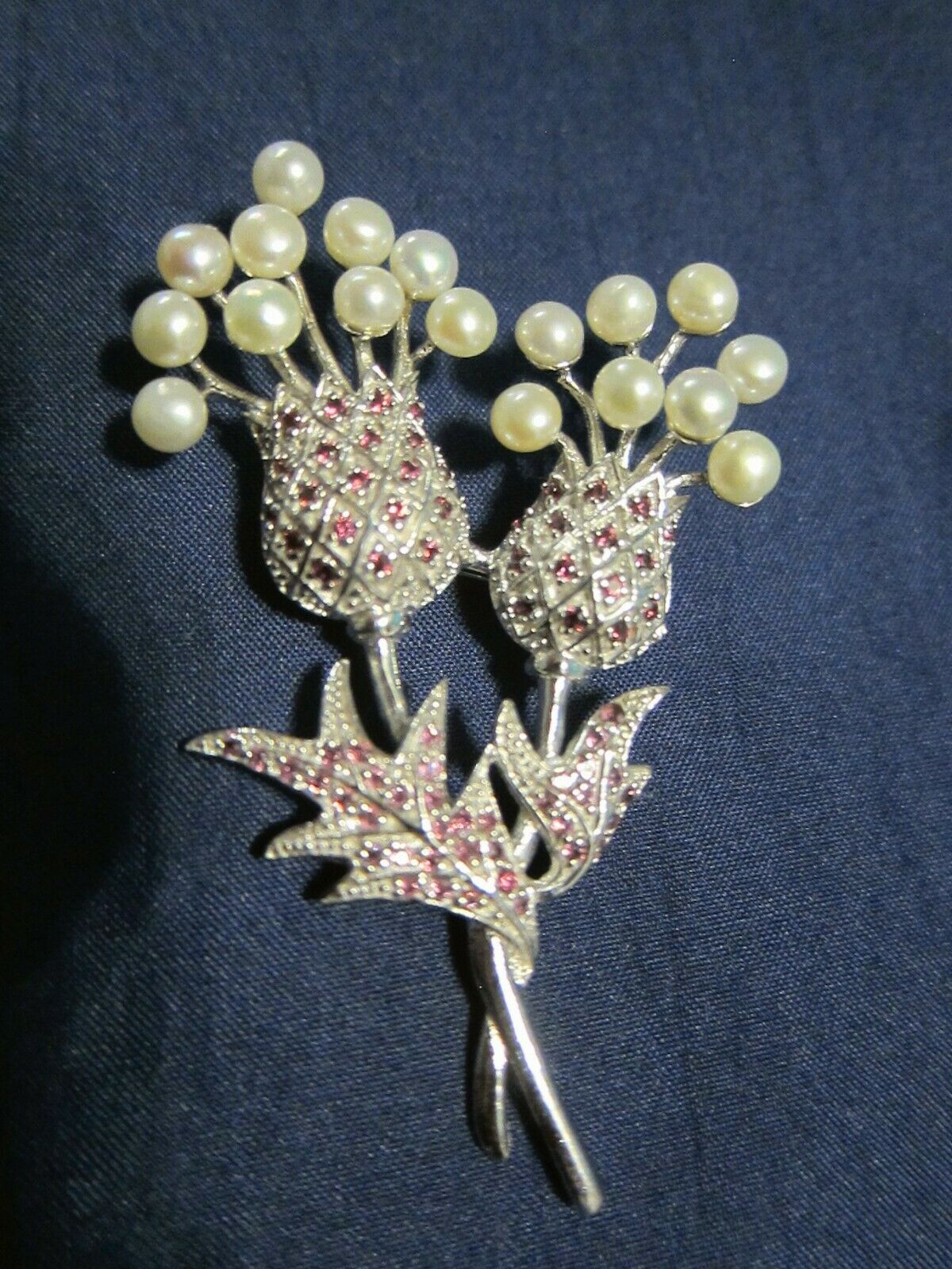 925 Sterling Silver Wg Plated Freshwater Pearl/garnet Thistle Flower Pin/brooch