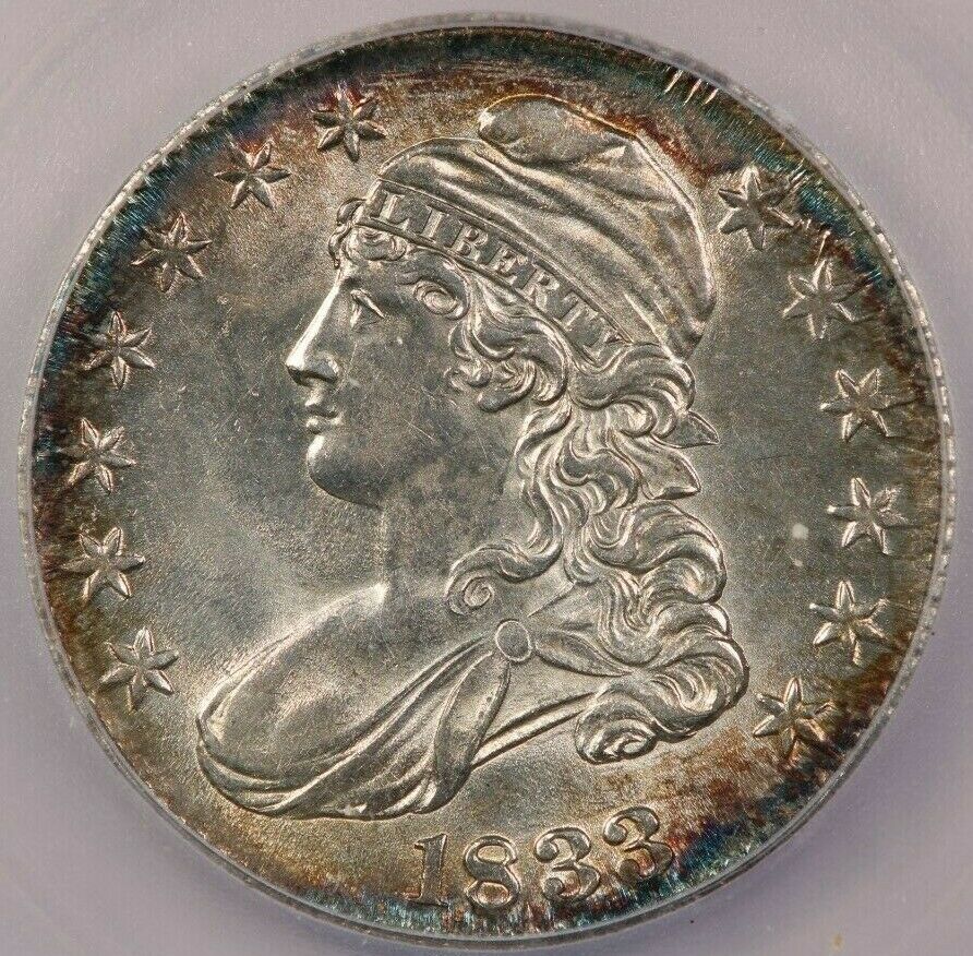 1833 Capped Bust Half Dollar Icg Ms63+ Beautifully Toned And So Flashy! Wow!