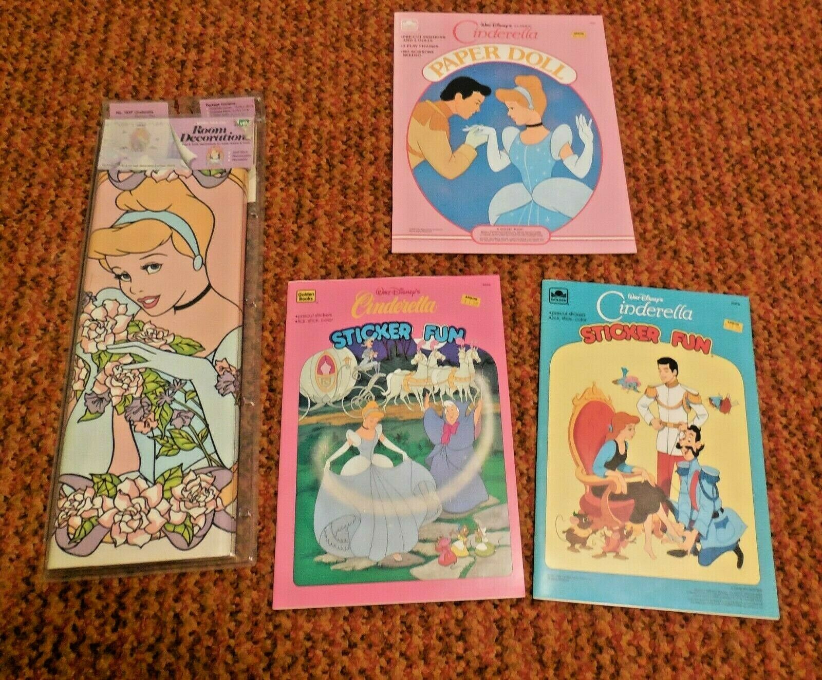 New ~ Disney Cinderella Lot Of 4 Items: Paper Doll & 2 Sticker Books, Wall Deco